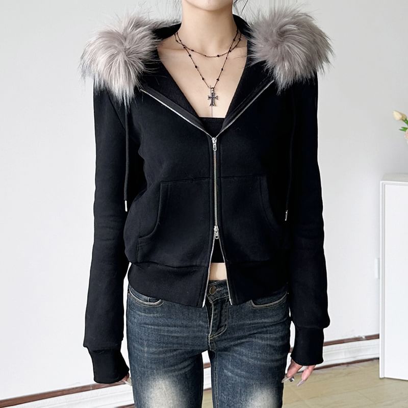 BrickBlack - Jas met capuchon en rits van imitatiebont