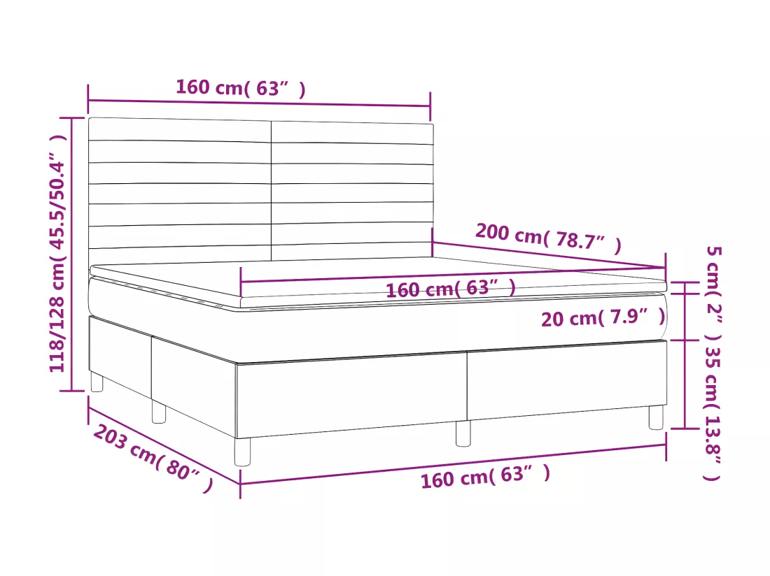 Sommier tapissier matelas et LED Marron foncé 160x200 cm Tissu