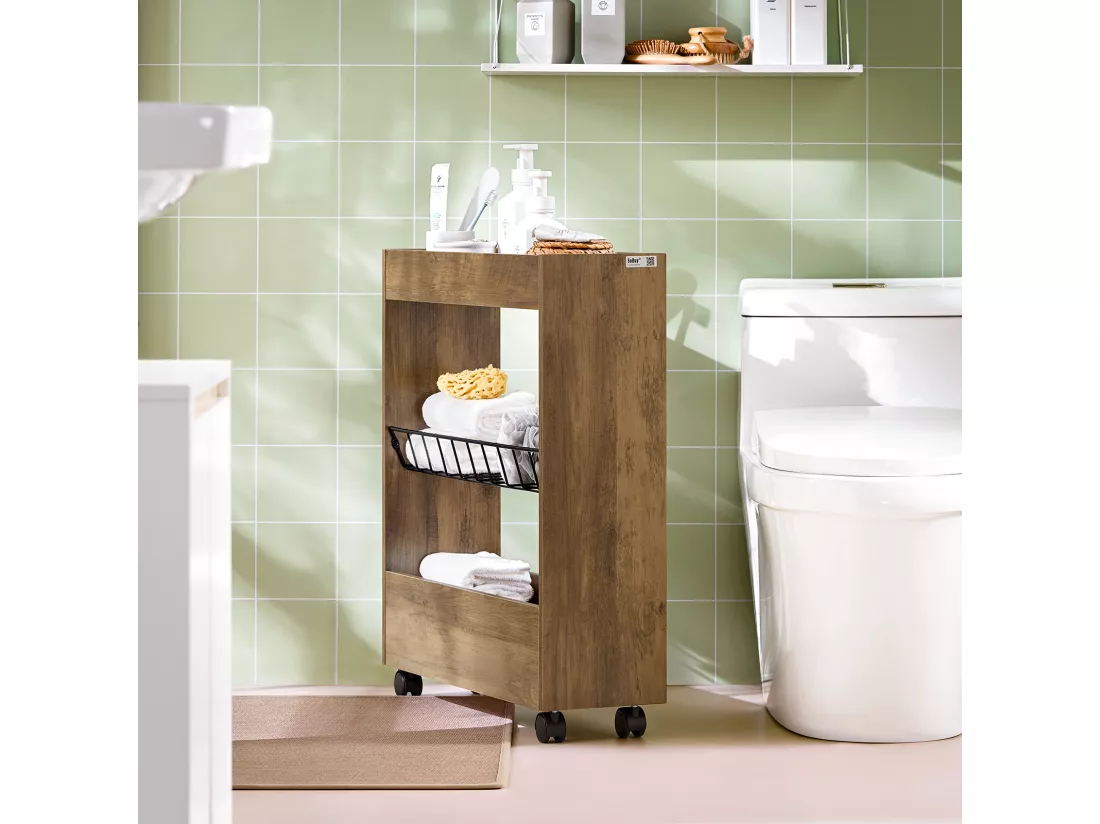 Chariot de Rangement Mobile sur 3 Niveaux Étagère de Niche à Roulettes en Bois et métal, BZR46-N