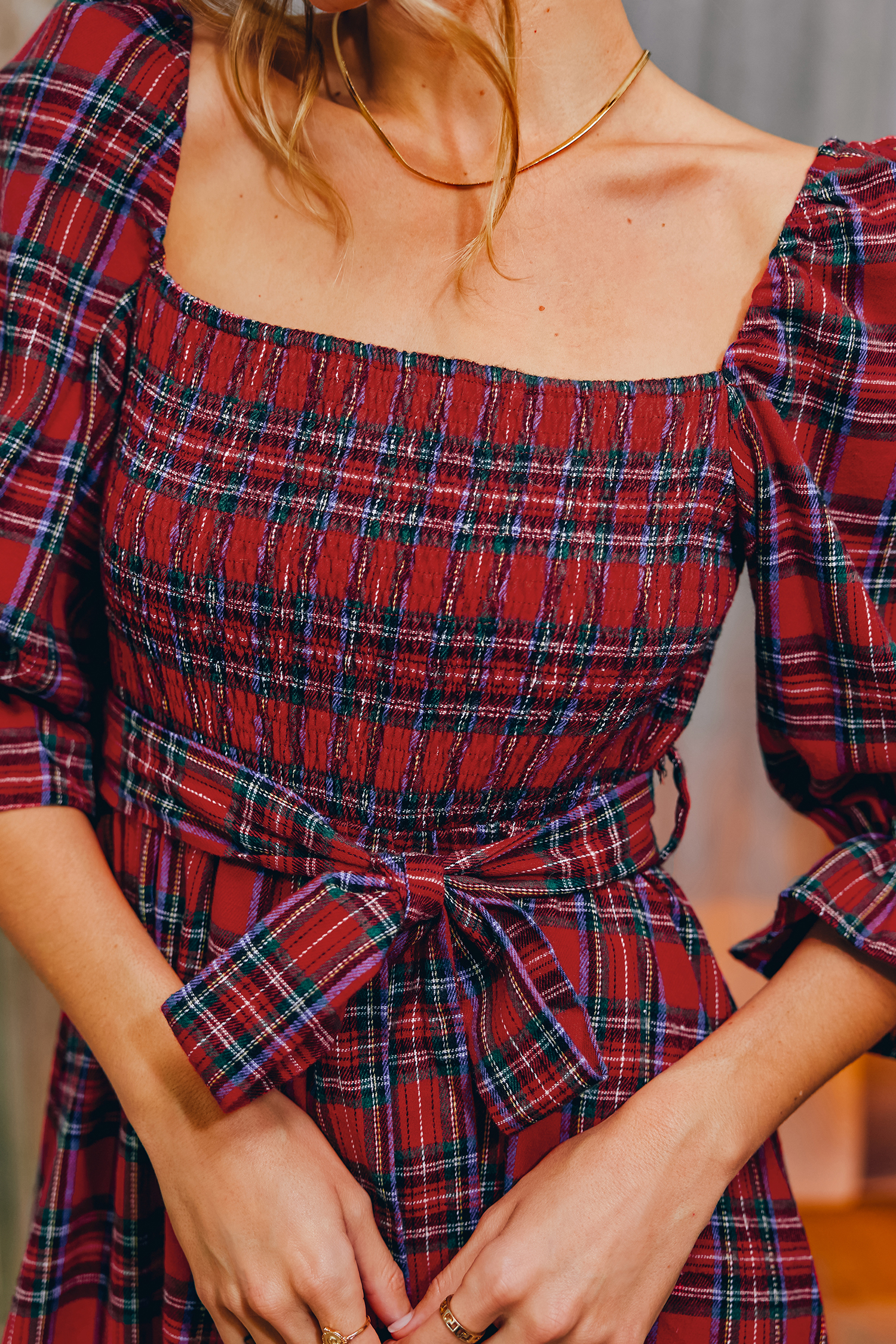 Robe maxi ceinturée à carreaux tartan