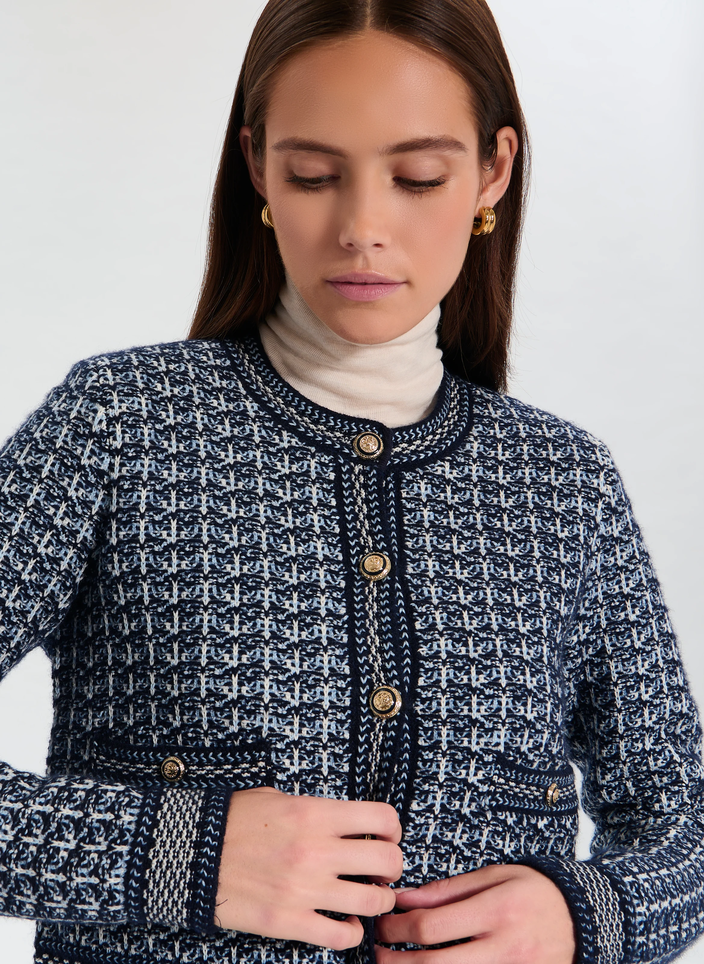 GLADA - Gilet droit col rond en coton mélangé | Bleu