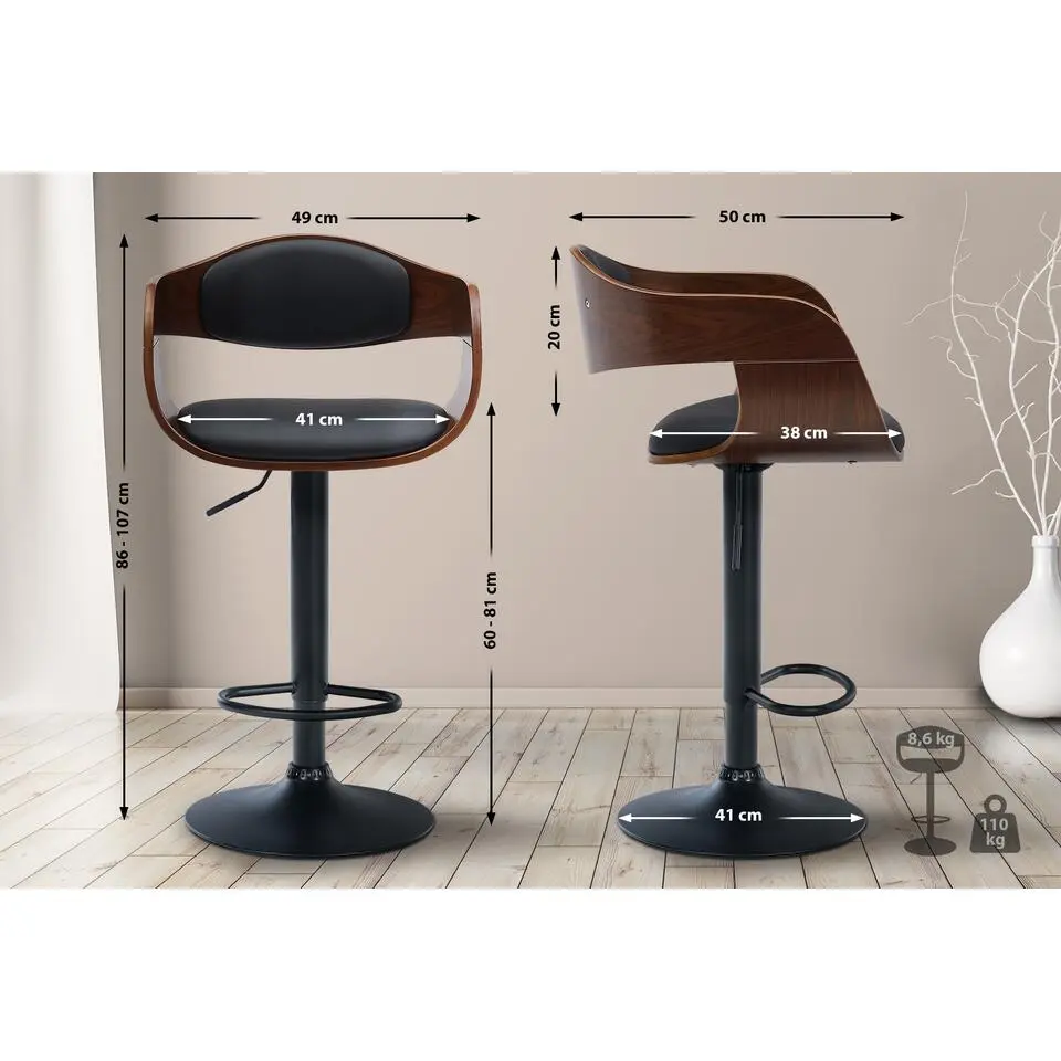 CLP Barkruk Kingston mat zwart Frame - Kunstleer - walnoot/zwart