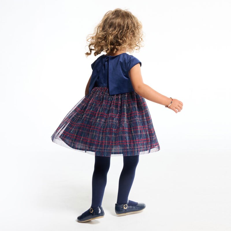 Robe de fête bi-matière velours et tulle à carreaux bleu bébé fille Bleu