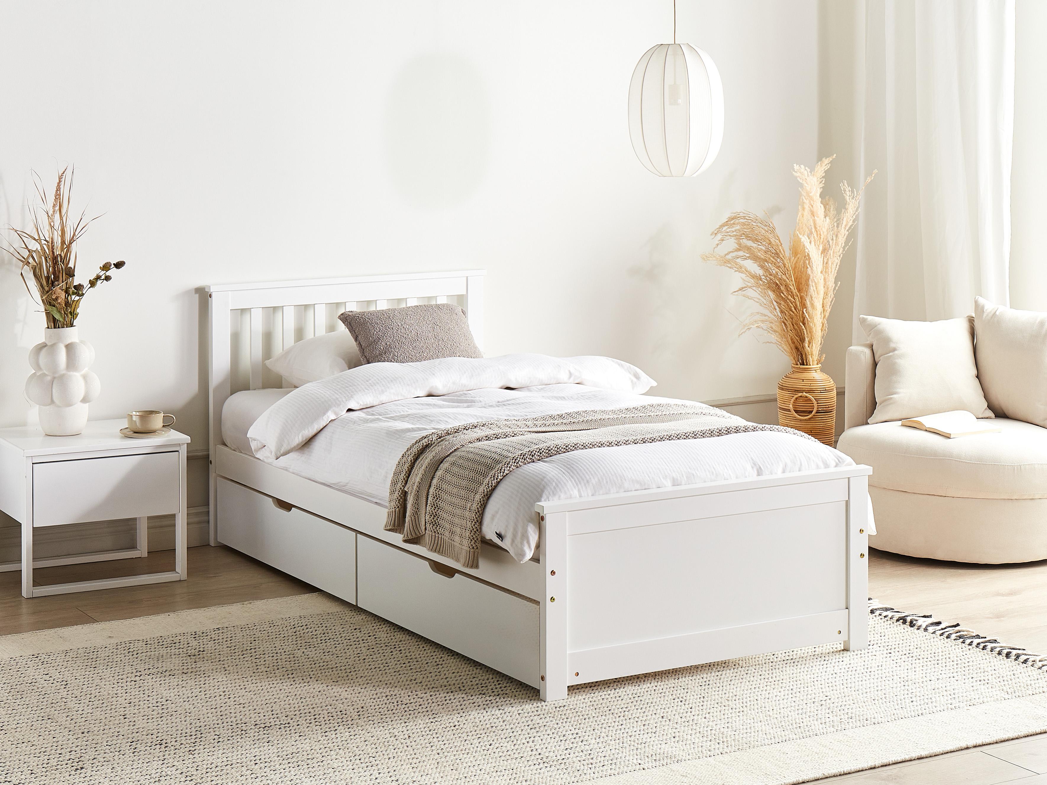 Bed met opbergladen Dennenhout OLENDON 90 x 200 cm Wit