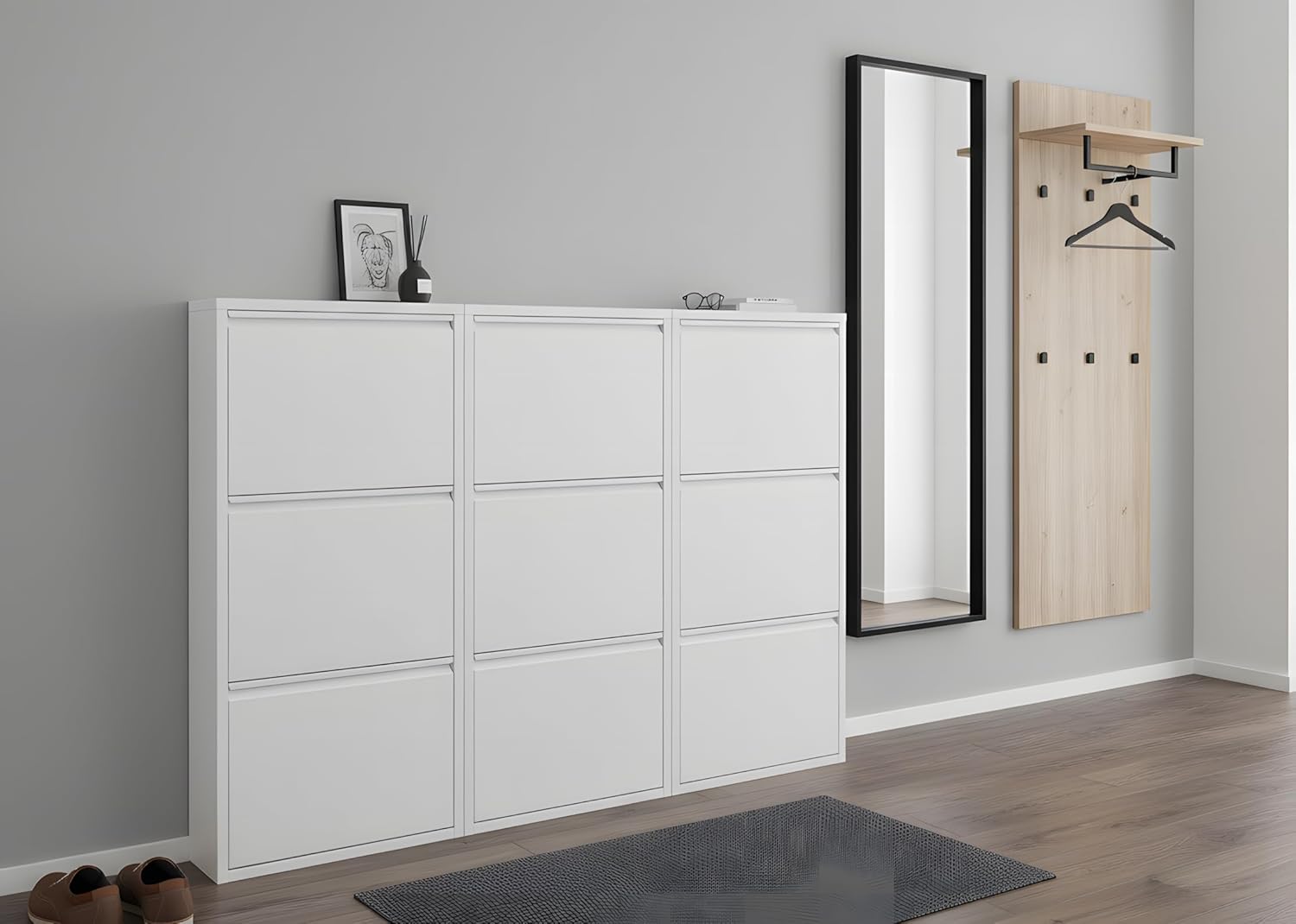 Dynamic24 ebuy24 Pisa mit 9 Klappen/Türen in Metall Weiss. Fertig montiert geliefert. – Schuhschrank – B152 x H106 x T16 cm – Farbe Weiß – Klappbar/faltbar – modern – für Flur & Eingangsbereich