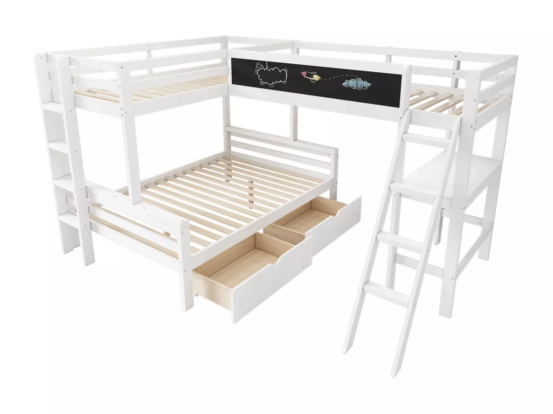 Lit superposé pour enfants avec tiroirs et bureau, lit triple en bois de pin, avec étagère, 140x200 cm1 + 90x200 cm2, blanc, sans matelas