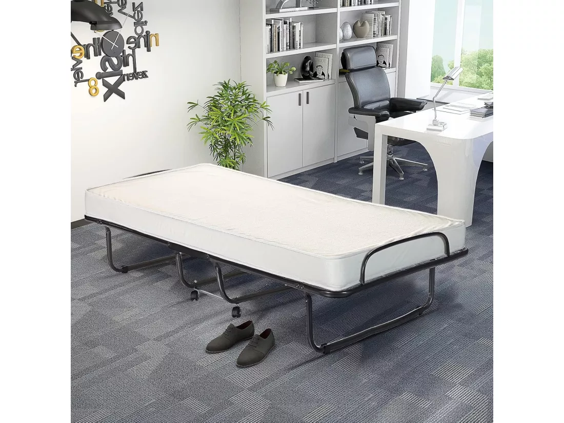 Lit Pliant 1 Personne Adulte 80 x 190 cm avec Matelas Orthopédique en Mémoire 10 cm, Charge 120 kg, Lit d’Appoint Pliable à 4 roulettes et Sommier en Métal pour invités, Blanc