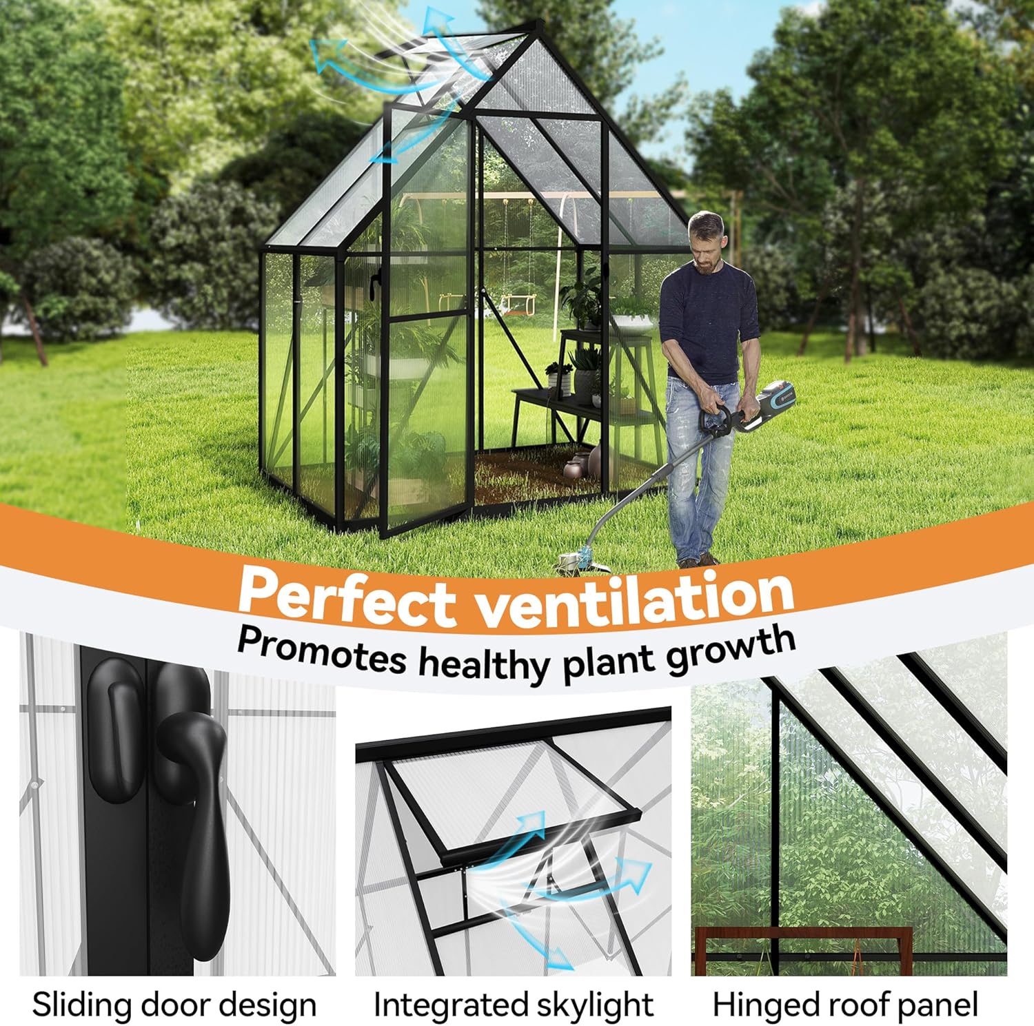Froadp Gewächshaus aus Aluminium mit Fundament 125x180x195cm Gartengewächshäuser 4mm PC-Hohlkammerplatten Wetterfest Treibhaus, Tomatenhaus mit Fenstern Treibhaus für Garten & Aufzucht