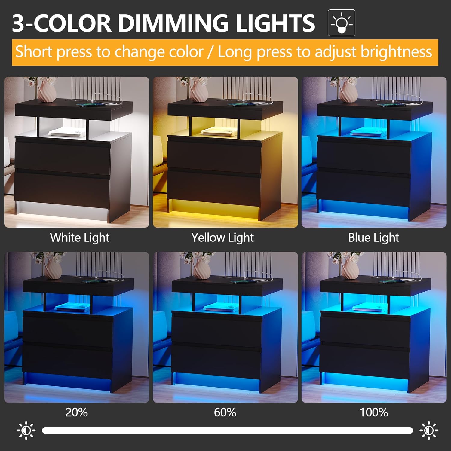 Vlsrka LED Nachttisch mit Ladestation, Nachttisch mit 3 Farben Licht, Smart Nachttische mit Drahtloses Laden, Nachtkästchen mit 2 Schubladen, Moderner Nachtschrank Schlafzimmer Wohnzimmer, Schwarz