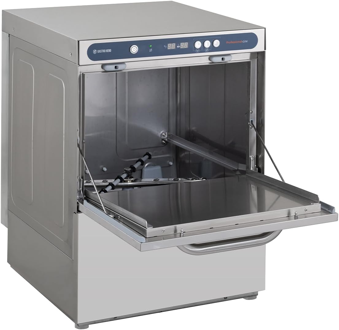 Geschirrspülmaschine PROFI-GSM54SLE | Korbmaß 50×50 cm | Gastro Geschirrspüler Edelstahl | Reiniger- & Klarspüldosierer | mit Ablaufpumpe & Enthärter | 400 V | Made in Europe