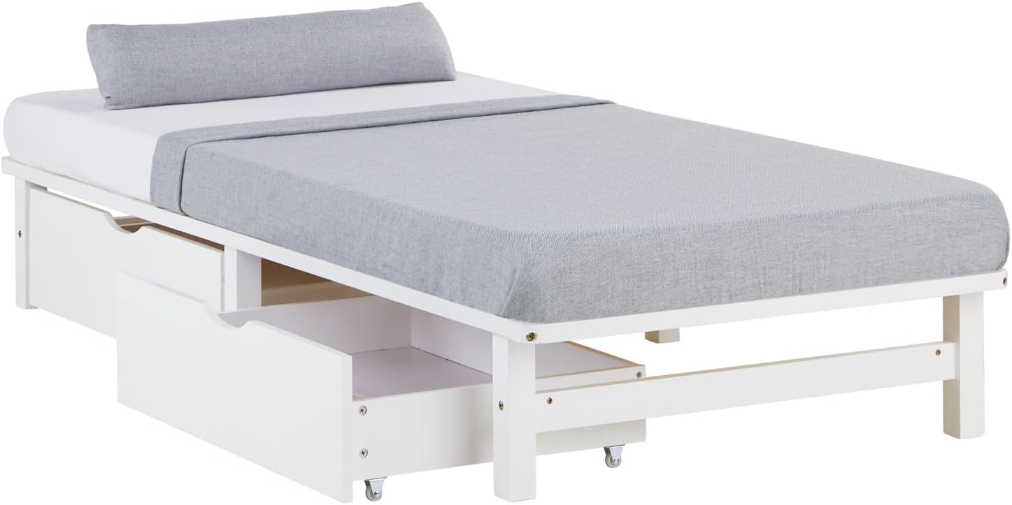 Homestyle4u Holzbett 90x200 Massivholzbett mit 2 Schubladen Bettkasten Bett Kiefer Weiß Palettenbett mit Matratze