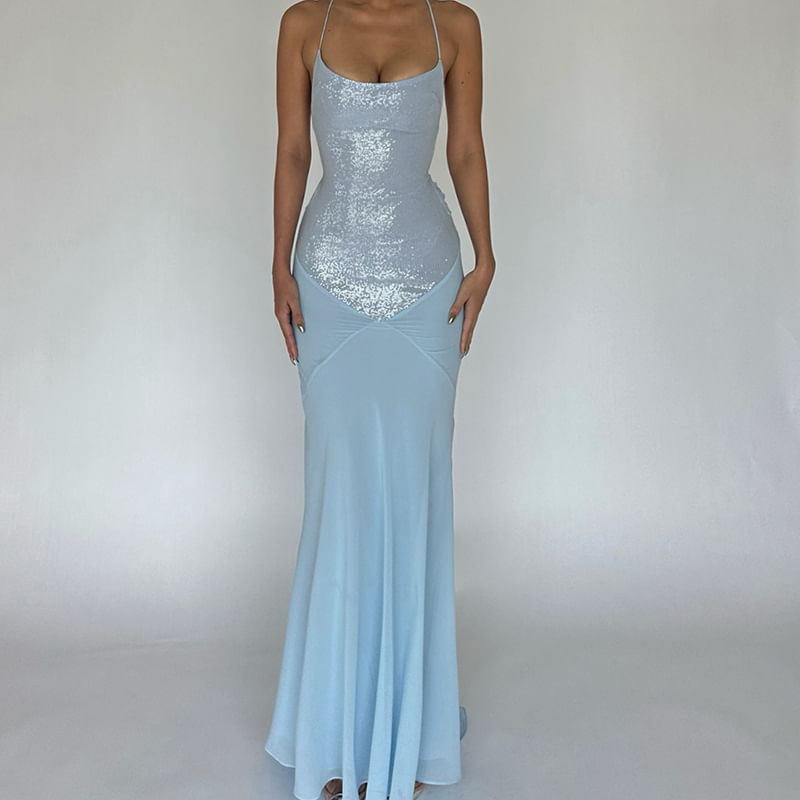 Weaveal - Halter Sequin Panel Mesh Maxi Sheath Dress