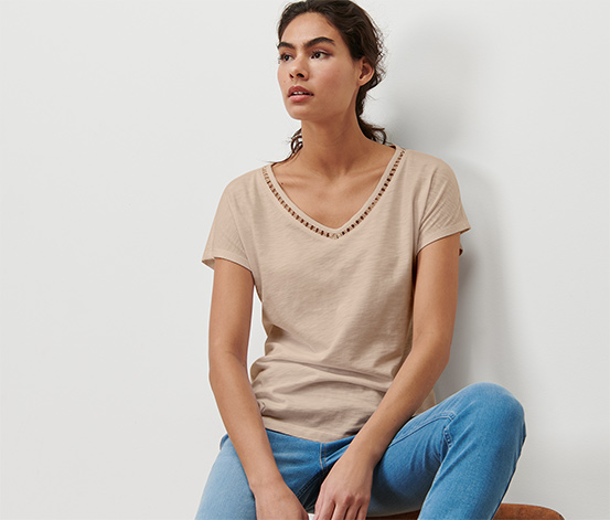 Shirt mit Crochet-Tape, beige