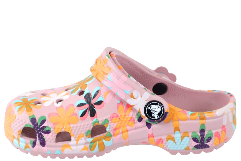 CROCS CLASSIC RETRO SUMMER CLOG K I LYSERØDT GUMMI MED BLOMSTER