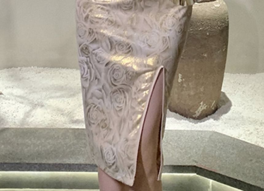 Vensazco - Traditionele Chinese halterhalskraag met bloemenprint, mesh-paneel en split, midi-mantel, qipao