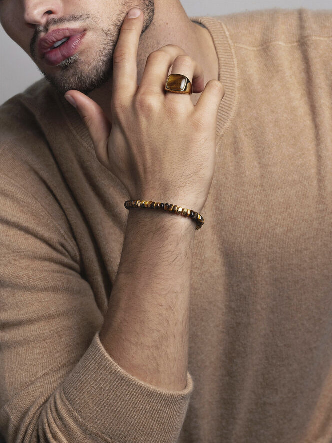 Nialaya Men's Hexagon Beaded Bracelet with Tiger Eye and Gold Brown