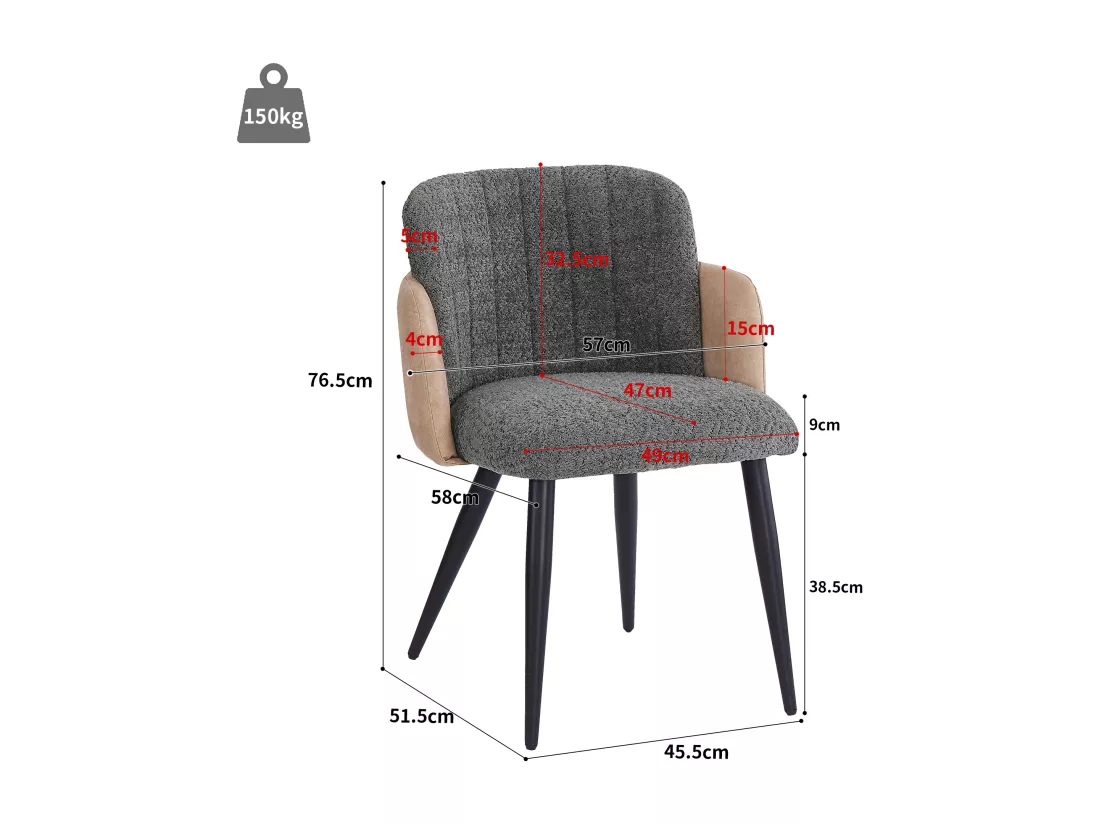 Lot de 2 chaises en sherpa - pieds réglables en métal - Gris