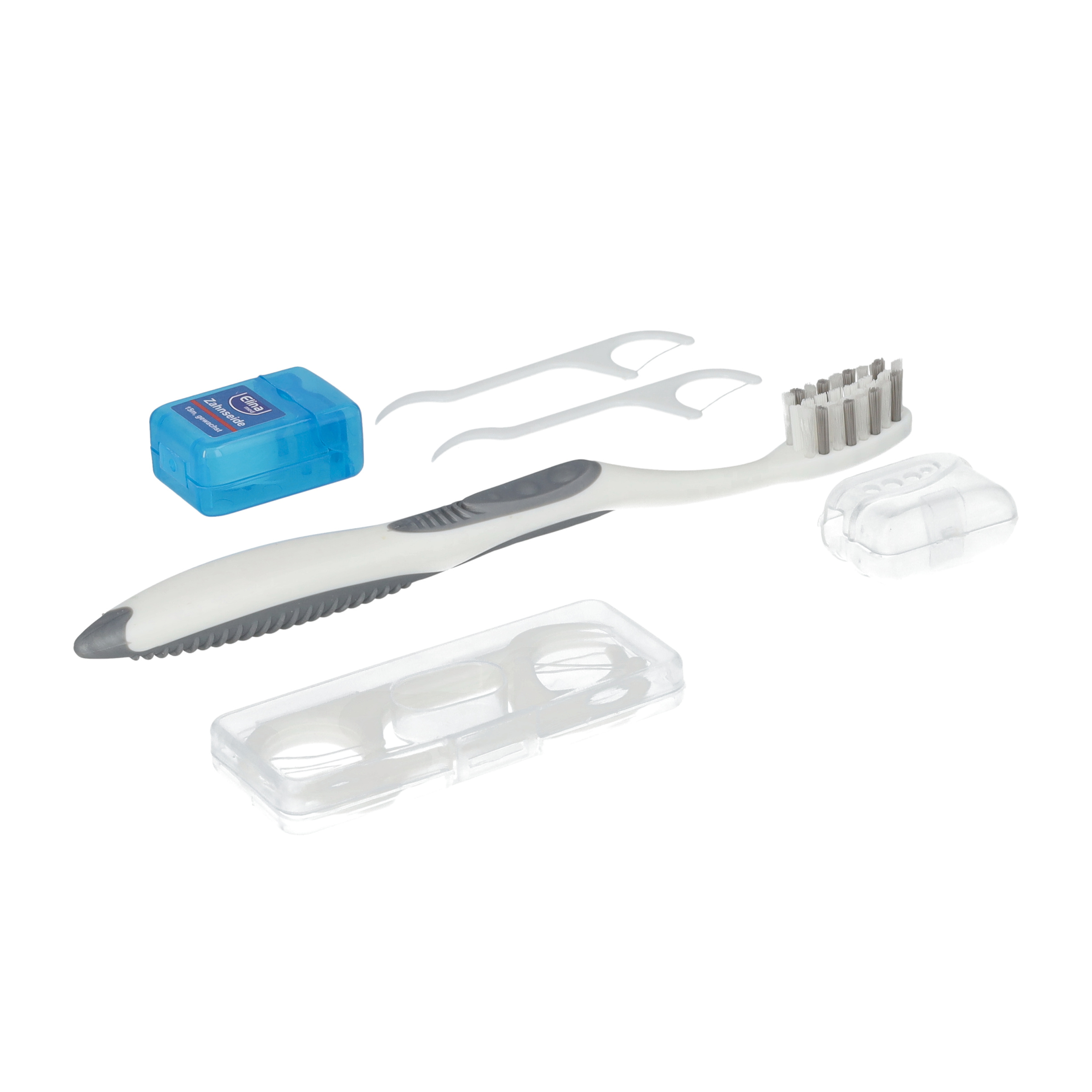 (11-tlg. Set) Dent Dentalset Zahnbürste Zahnreinigung mit Schutzkappe / Zahnseide / Zahnseide Sticks - Assortiert