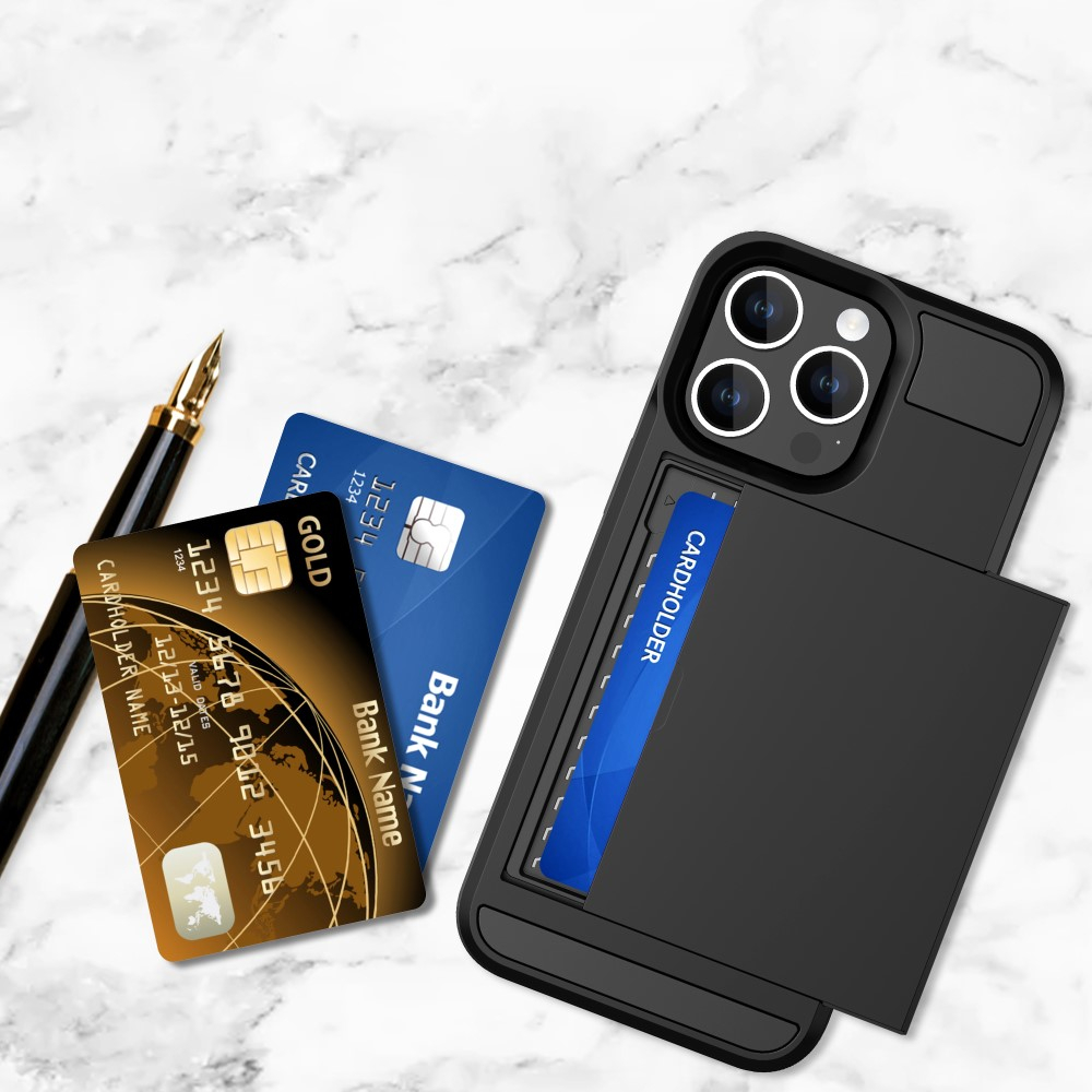 iPhone 15 Pro Max Hybrid Hardcase Hülle mit integriertem Karten Portemonnaie (aufschiebbar) - Schwarz