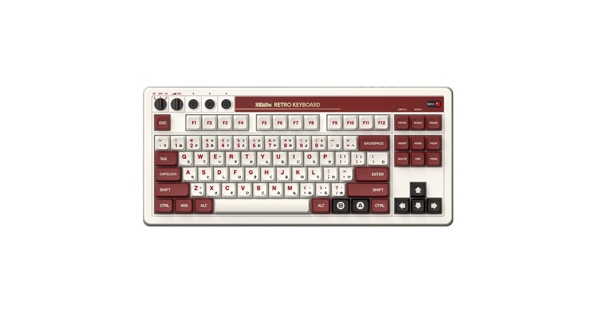 8BitDoRetro Mechanical Keyboard Fami Edition, gaming toetsenbord  (Beige/rood, US lay-out, Kailh Box White, TKL, Bluetooth Low Energy, Wireless 2.4G, USB)