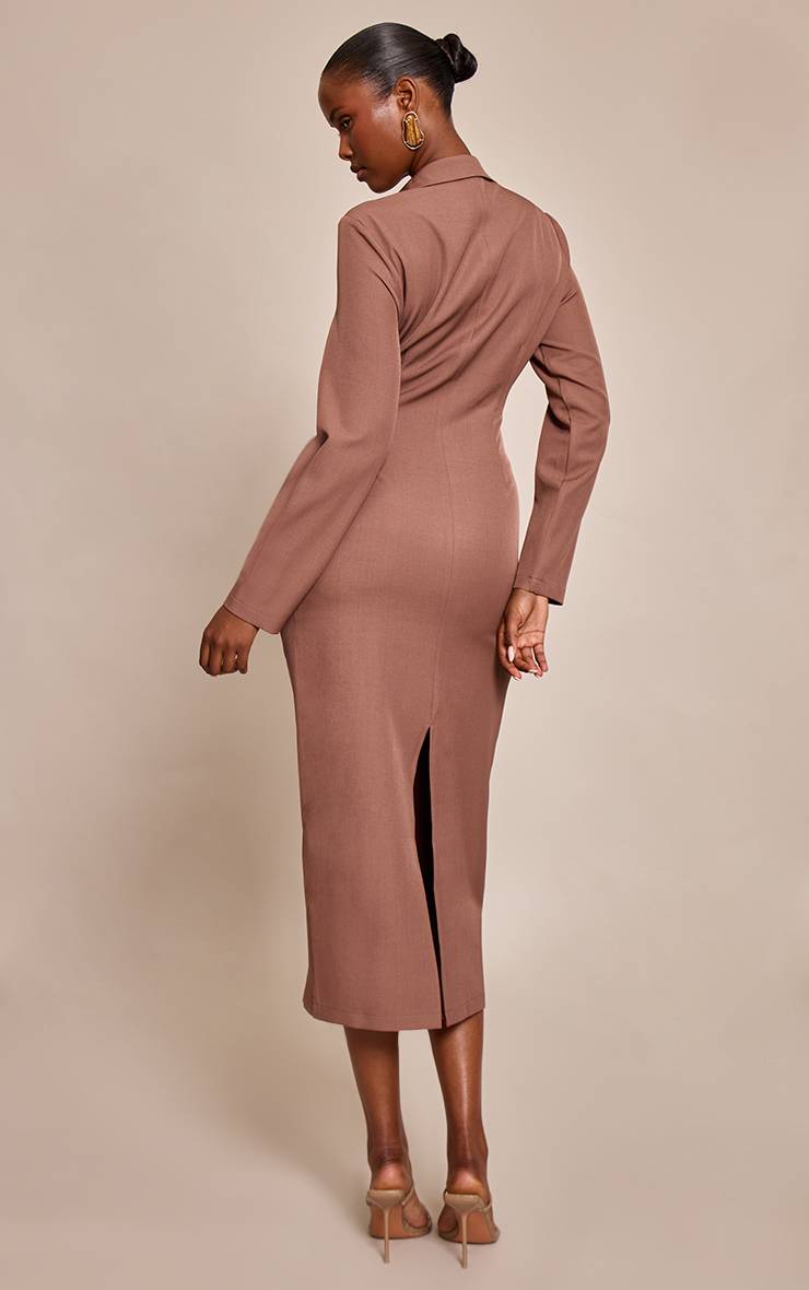 Marron Robe Longue Maxi À Manches Longues Avec Détail Drapé Tissé