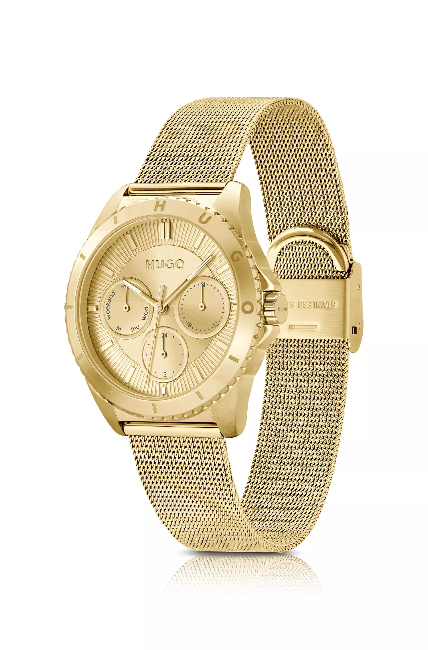 Relógio HUGO com pulseira de malha vermelha em aço dourado.