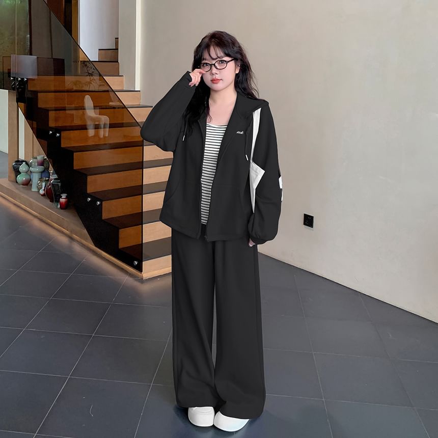 Tripoly - Plus Size Set: Hoodie met rits en letters + joggingbroek met wijde pijpen