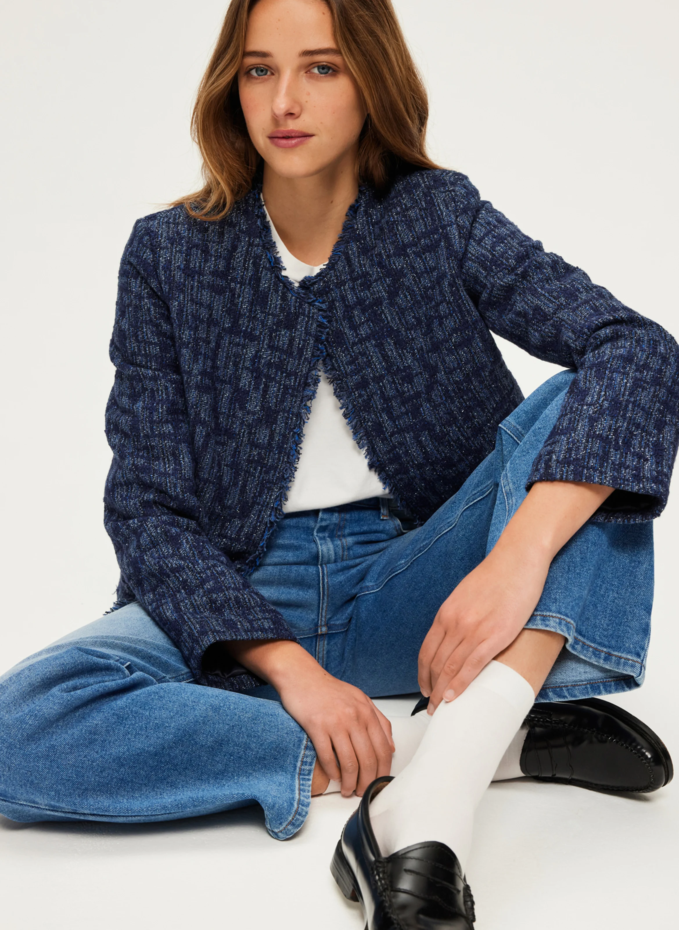 MAUGEEN - Veste col rond en tweed| Bleu