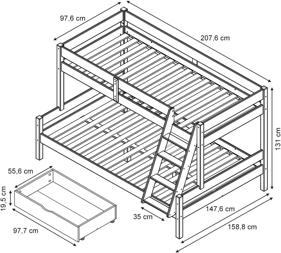 Etagenbett 140x200 / 90x200 cm Everest mit Schubladen - Naturholz 208x131x159 cm aus Holz - Bett für Kinder & Gäste, inklusive Lattenroste
