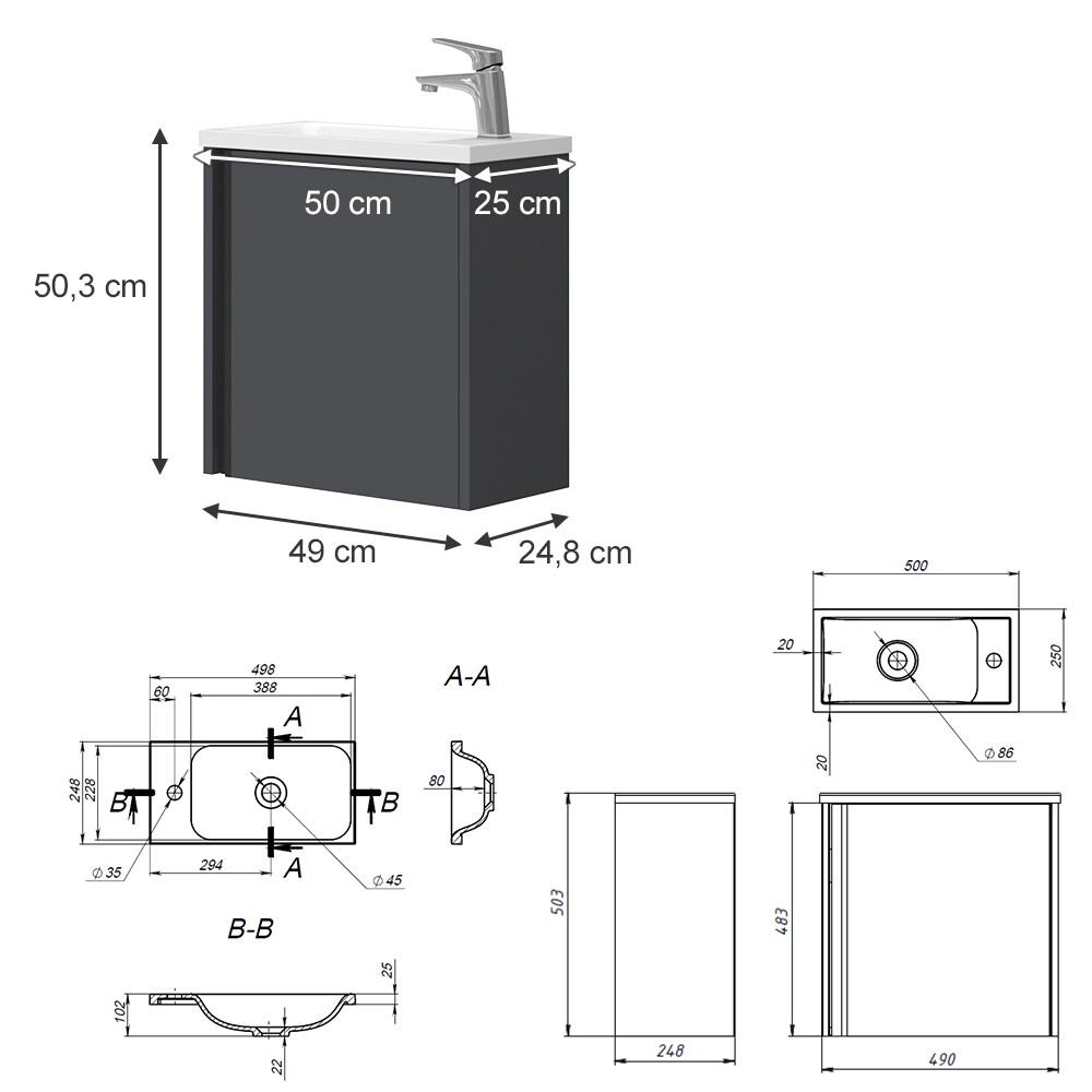 Vicco Waschbecken mit Unterschrank Kleo, 50 cm, Waschtisch mit Tür, Anthrazit Wandmontage