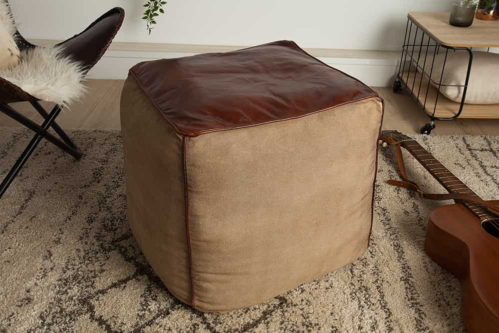 Retro Sitzpouf MUSTANG 45cm Lederbezug mit Leinen Sitzwürfel
