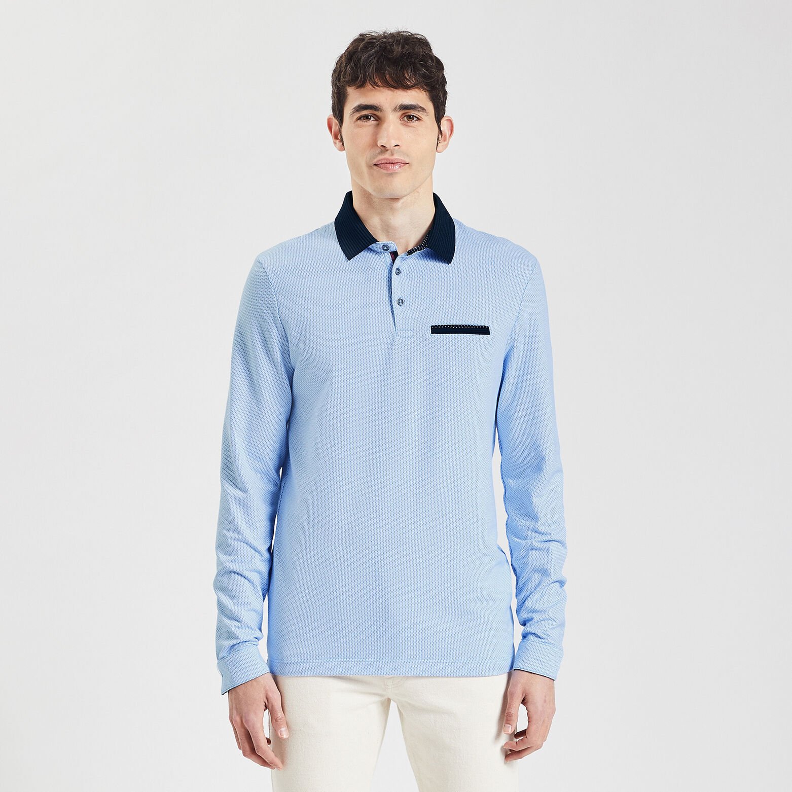 Polo manches longues jacquard à col fantaisie Bleu moyen