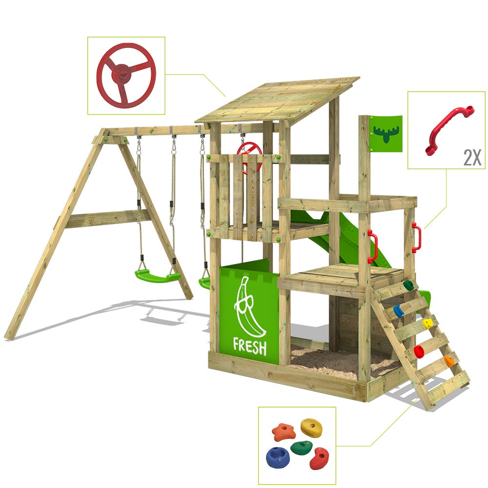 FATMOOSE FruityForest Speeltoren Klimrek met Schommel en Glijbaan, Klimtoren met Zandbak, Ladder en Speelaccessoires - Appelgroen