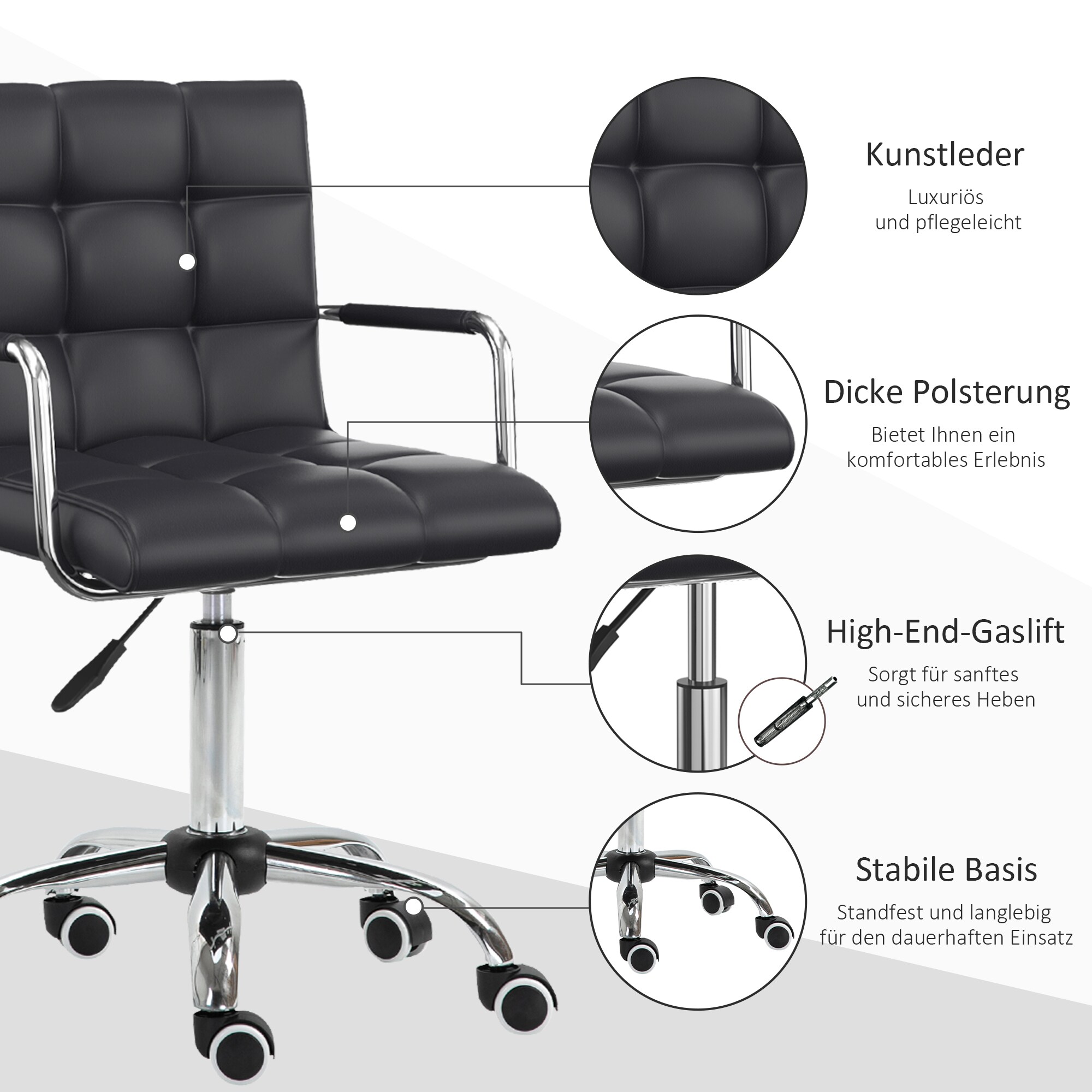 HOMCOM Bürostuhl mit Rollen schwarz B52,5 x T54 x H82-94 cm