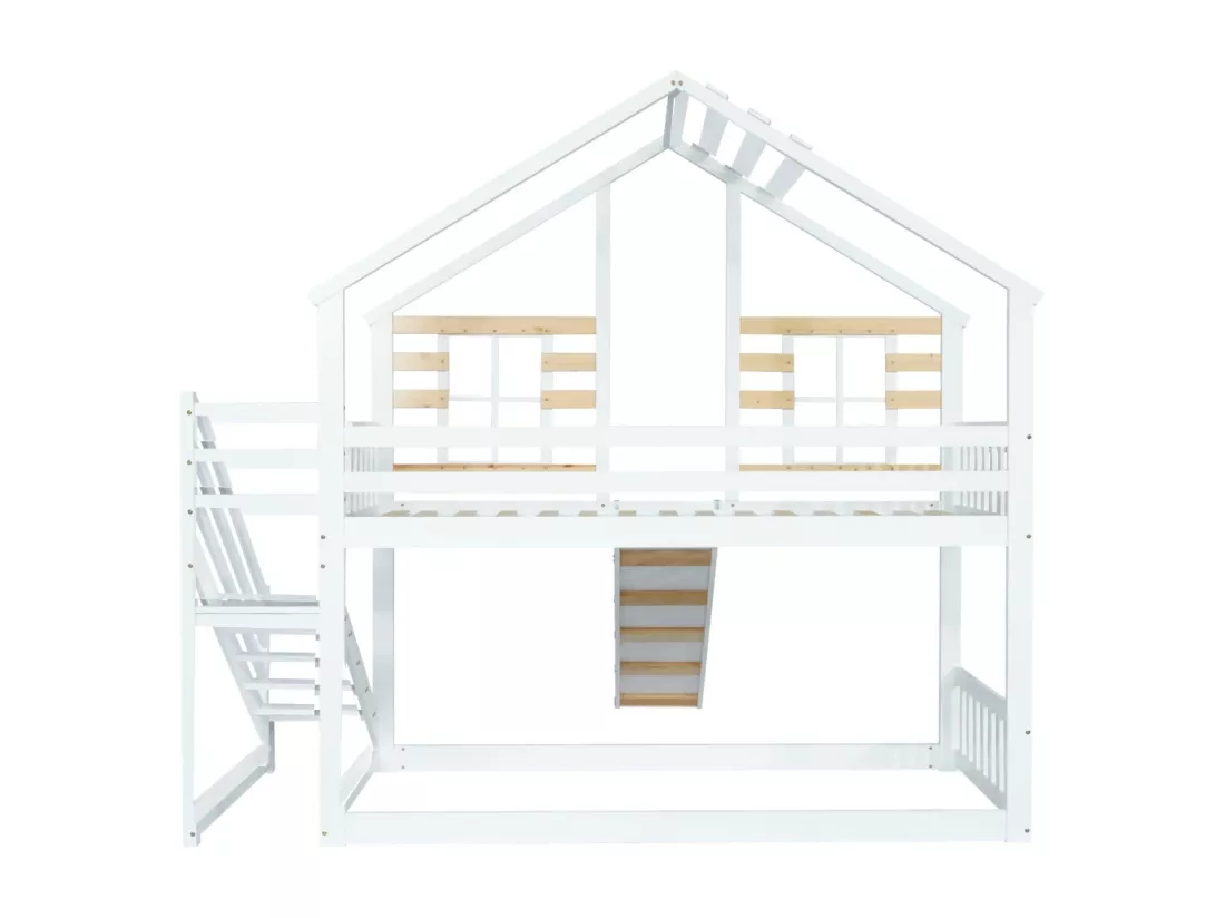 Lits superposés cabane 90 x 200 cm, avec escaliers, grilles et toboggan, Pin + MDF, Blanc