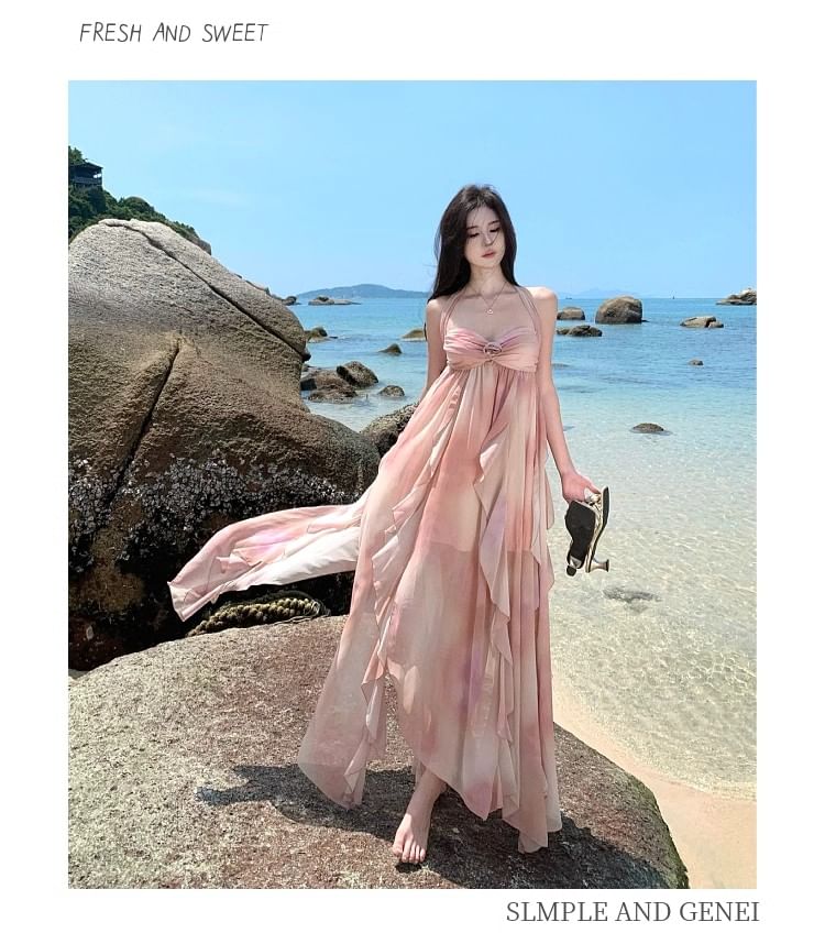 BOHEME - Spaghettibandjes Halter Hals Tie-Dye Maxi A-lijn Jurk