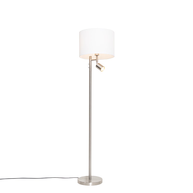 QAZQA - Moderne staande lamp van staal | Zilver | Mat nikkel met witte kap en leeslamp - Jelena | Woonkamer | Slaapkamer - Rond staal - LED-compatibel E27