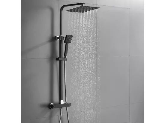 Colonne de Douche Noir avec Mitigeur Thermostatique 2 Fonctions Ensemble de Douche avec Douchette de tête de 10 pouces Haute Réglable 80-120 cm