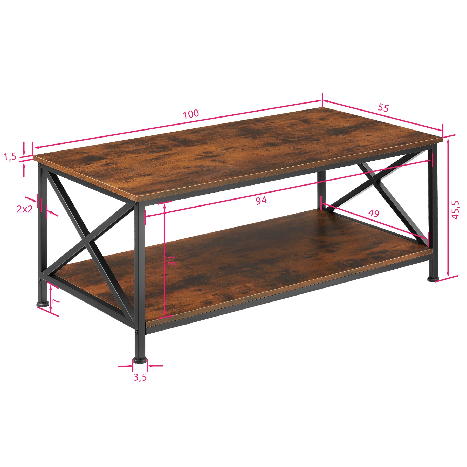 tectake® Couchtisch, Industrial Style, rechteckig, mit unterer Ablage, 100 x 55 x 45,5 cm