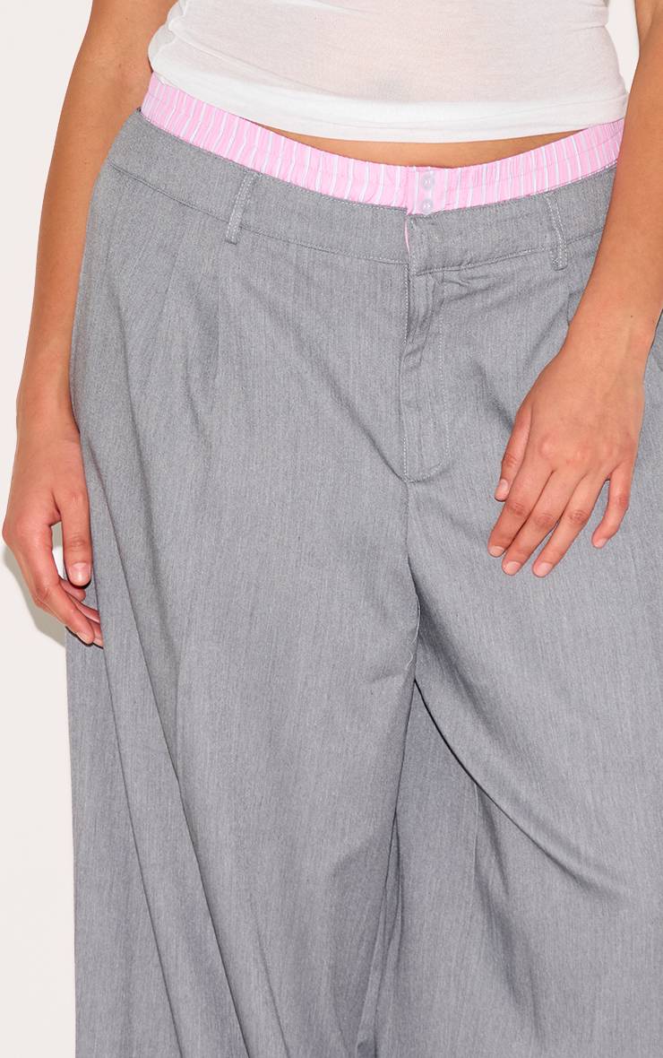 Gris Pantalon Grande Taille Droit À Détail Boxer En Tissu Tissé Avec Rayures Contrastées