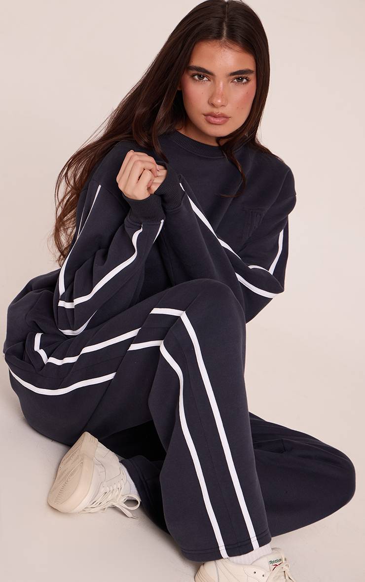 Bleu Marine Sweat À Bandes Contrastées Latérales Avec Étiquette PLT