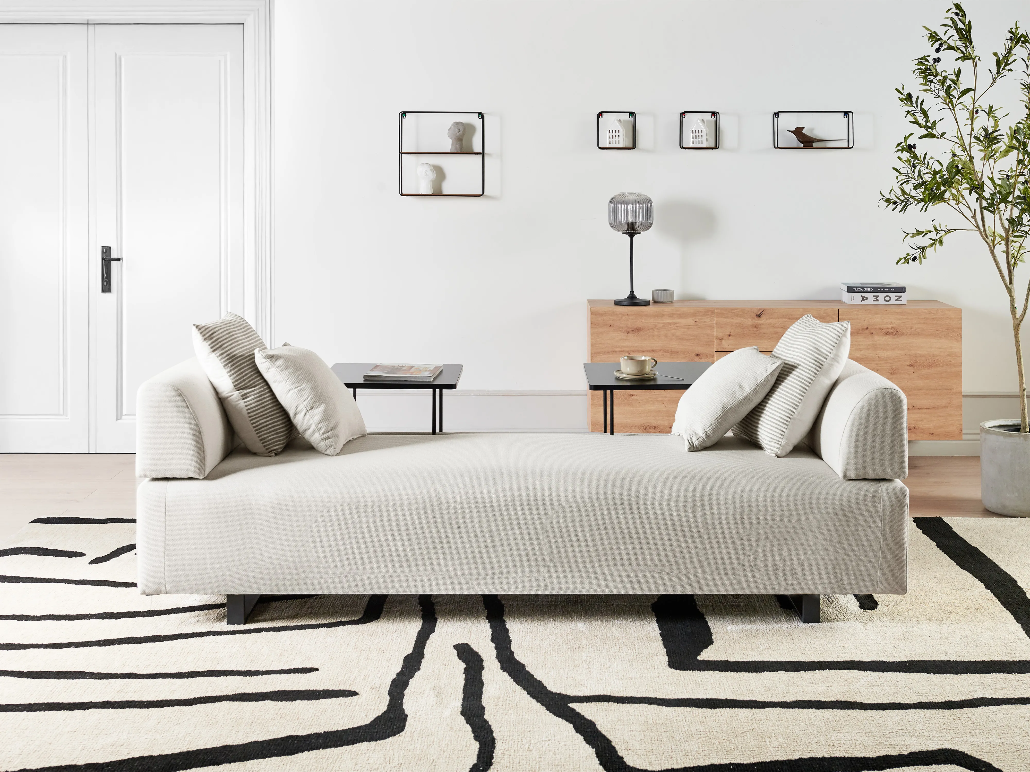 Bank 3-zits SOKNA Stof Lichtbeige met tafels