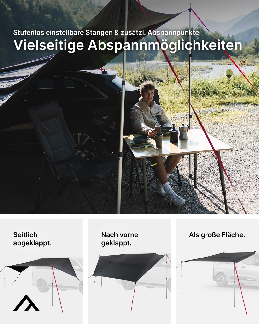 qeedo Motor Tarp Universal - für jedes Fahrzeug (3 Montage-Optionen) - UV-Schutz (UV80) Sonnensegel - inkl. Aufstellstangen, Saugnäpfe, Heringe und Abspannbänder - Für Camper, Campingbus, PKW