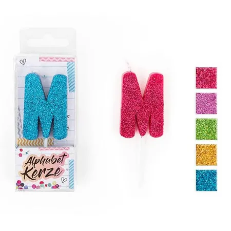 Trendhaus FESTIVAL FEELINGS Alphabet Kerze Glitzer M, 1 Stück, 5-fach sortiert