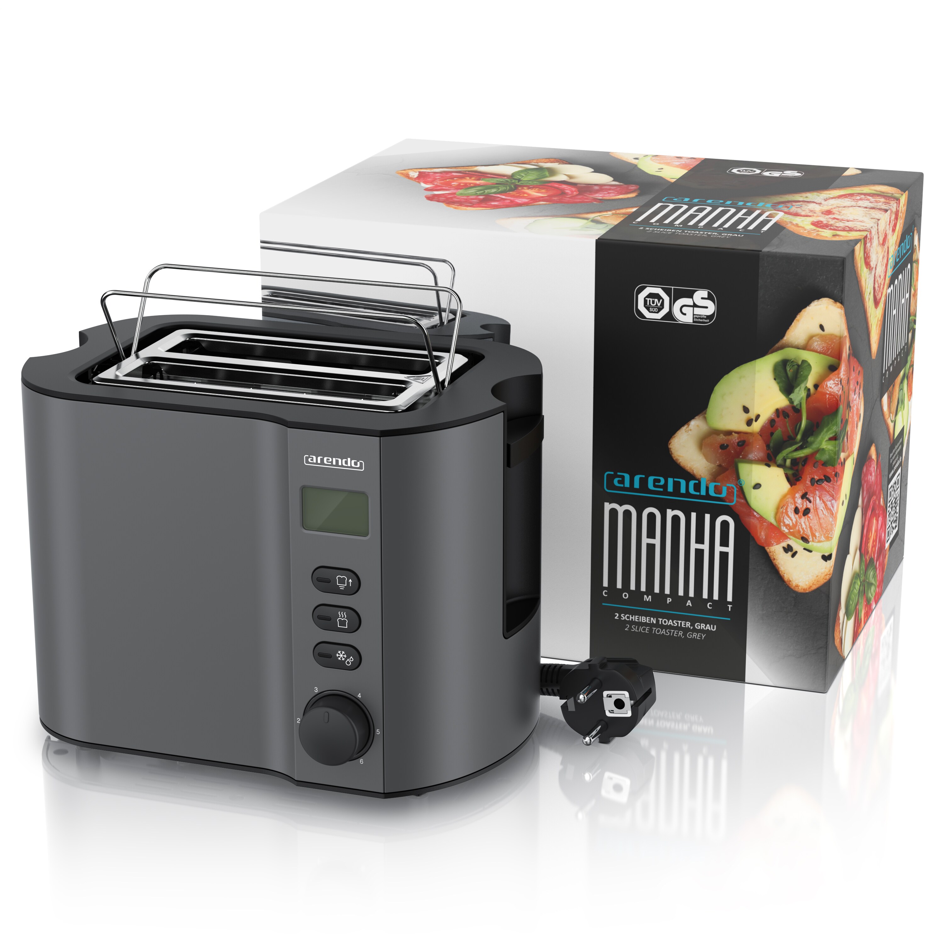 Arendo MANHA Toaster mit Restzeitanzeige, 2 Toastschlitze, integrierter Brötchenaufsatz, 6 Stufen, Auftaufunktion, 800W, Grau