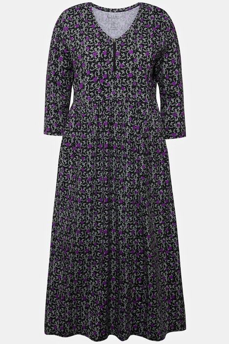 Jerseykleid, Blüten, A-Linie, V-Ausschnitt, 3/4-Arm