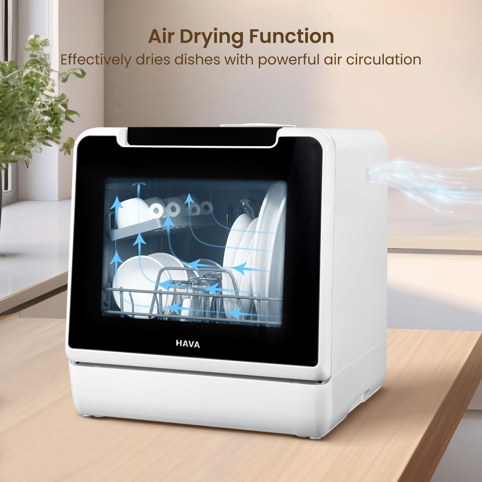 HAVA mini lave vaisselle, nouveau modèle amélioré 2024, 8 programmes de lavage, lave-vaisselle portable avec sécurité enfant et fonction de démarrage