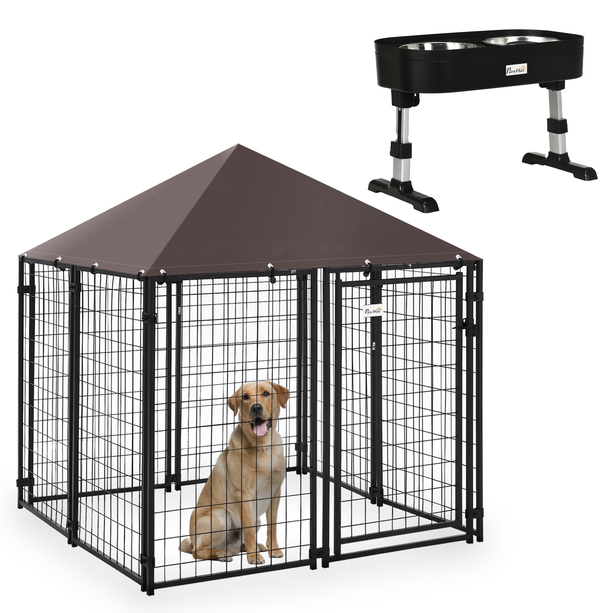 Conjunto para animais de estimação PawHut, canil externo com cobertura e comedouro elevado para cães, 4 alturas ajustáveis para pátio e varanda, 141x141x153 cm, 43x25x30 cm, preto