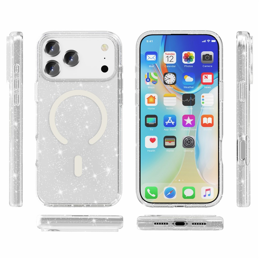 iPhone 17 Pro Max MagSafe Hybrid Hardcase Schutzhülle im Glitzer Design - Silber / Transparent