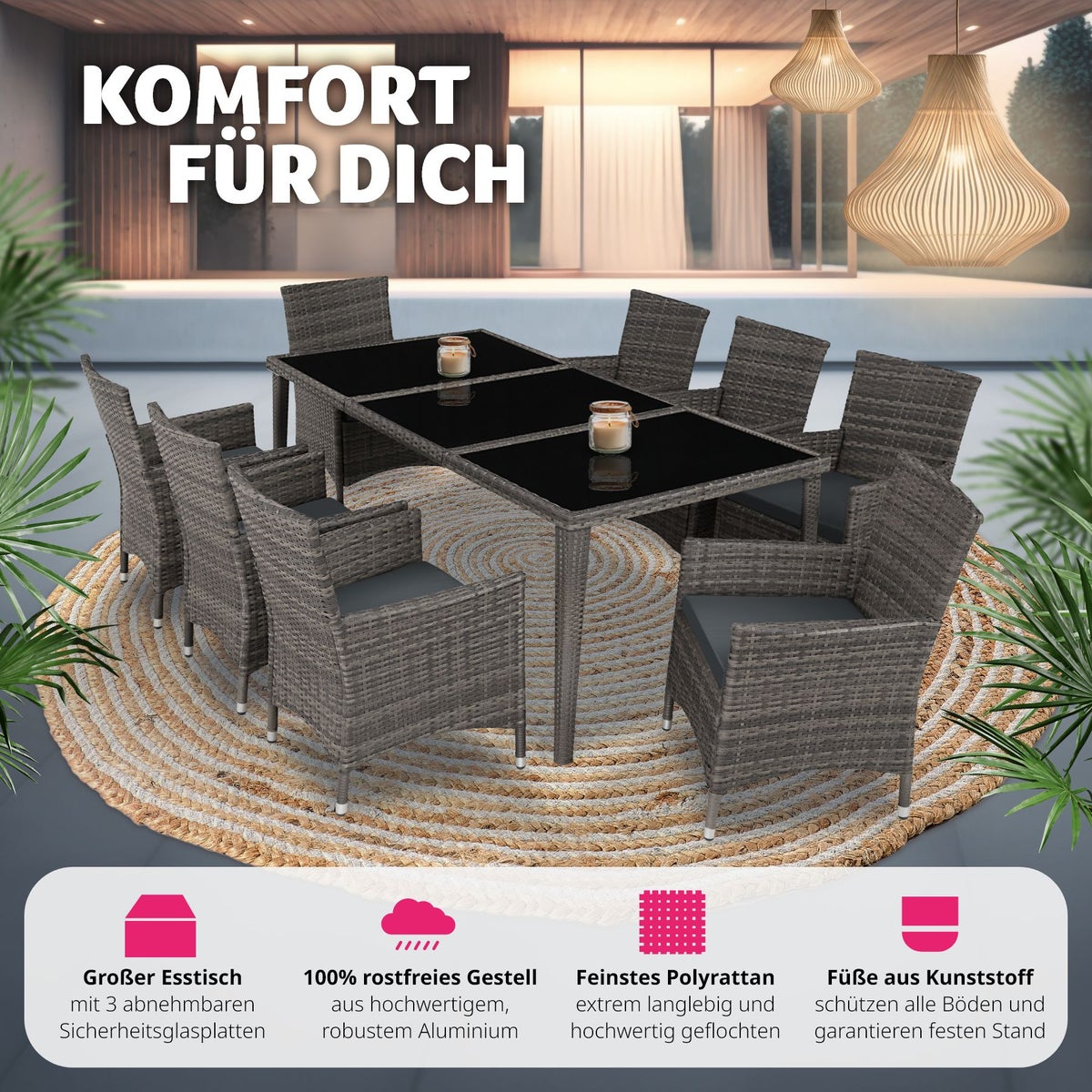 Rotan zitgroep tectake Menorca met aluminium frame, 2 sets hoezen, inclusief beschermhoes